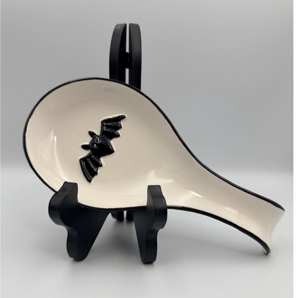Halloween Bats Black White Ceramic Spoon Rest Spooky Fun 9.5"x 4.5"